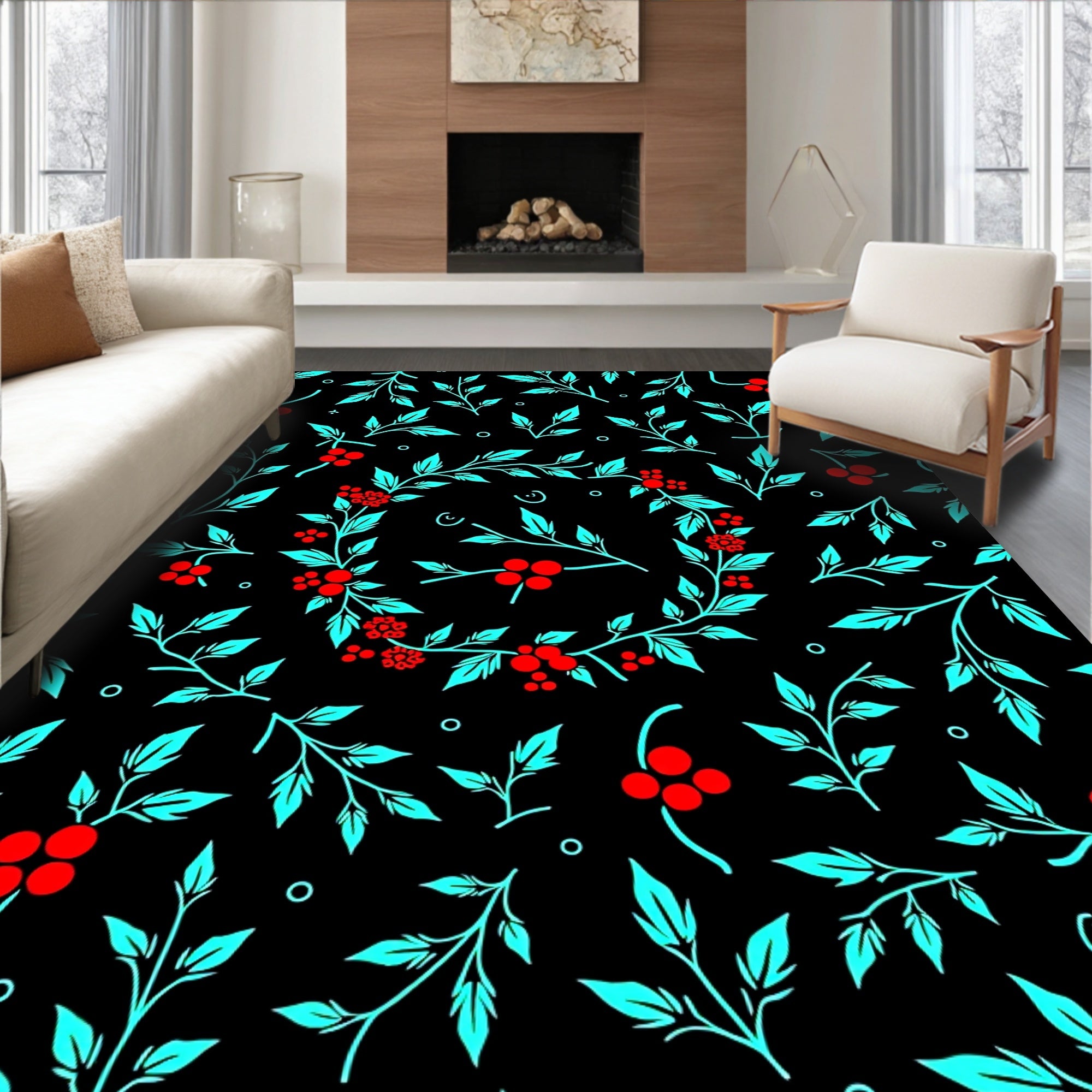 Aqua Red Berry Vine Wreath Rug