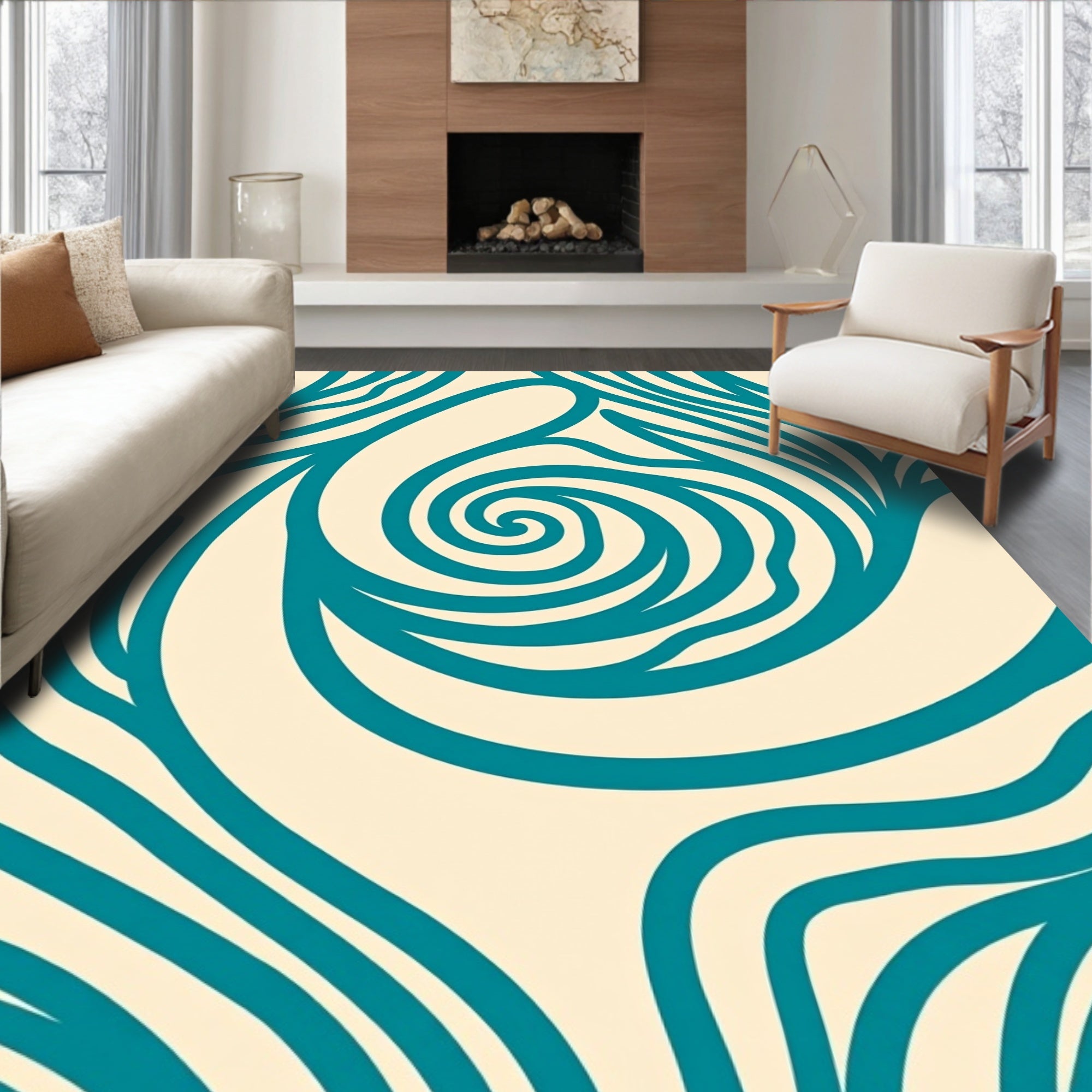 Teal Abstract Swirl Organic Lines Rug