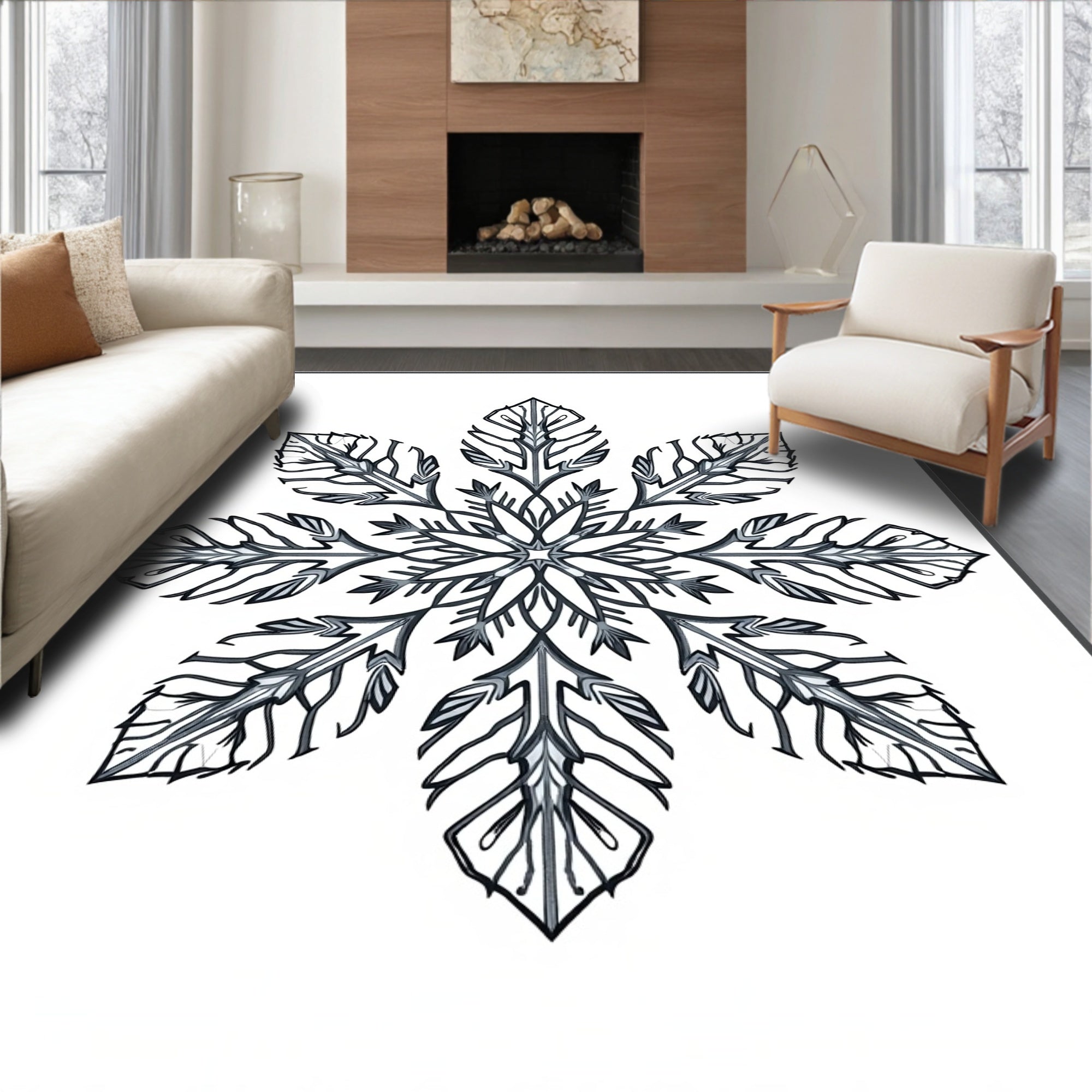 Monochromatic Gray Snowflake Floral Rug