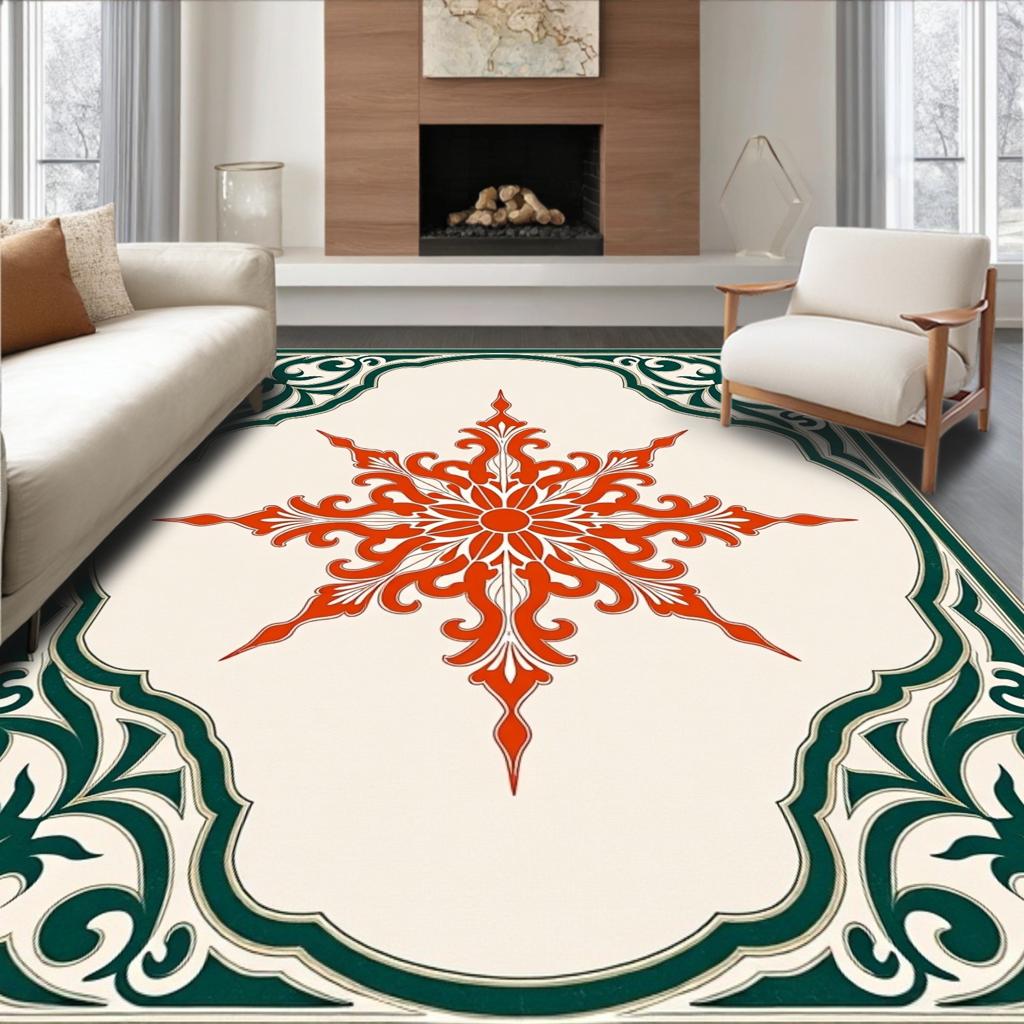Crimson Starburst Floral Frame Rug