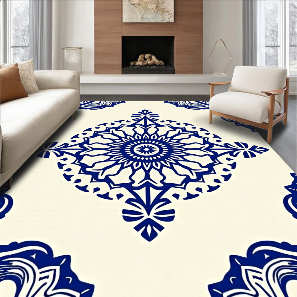 Ornate Blue Mandala Medallion Tile Rug