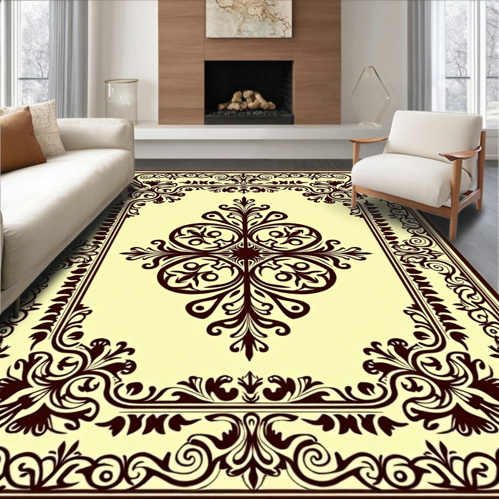Ornate Dark Brown Scroll Medallion Rug