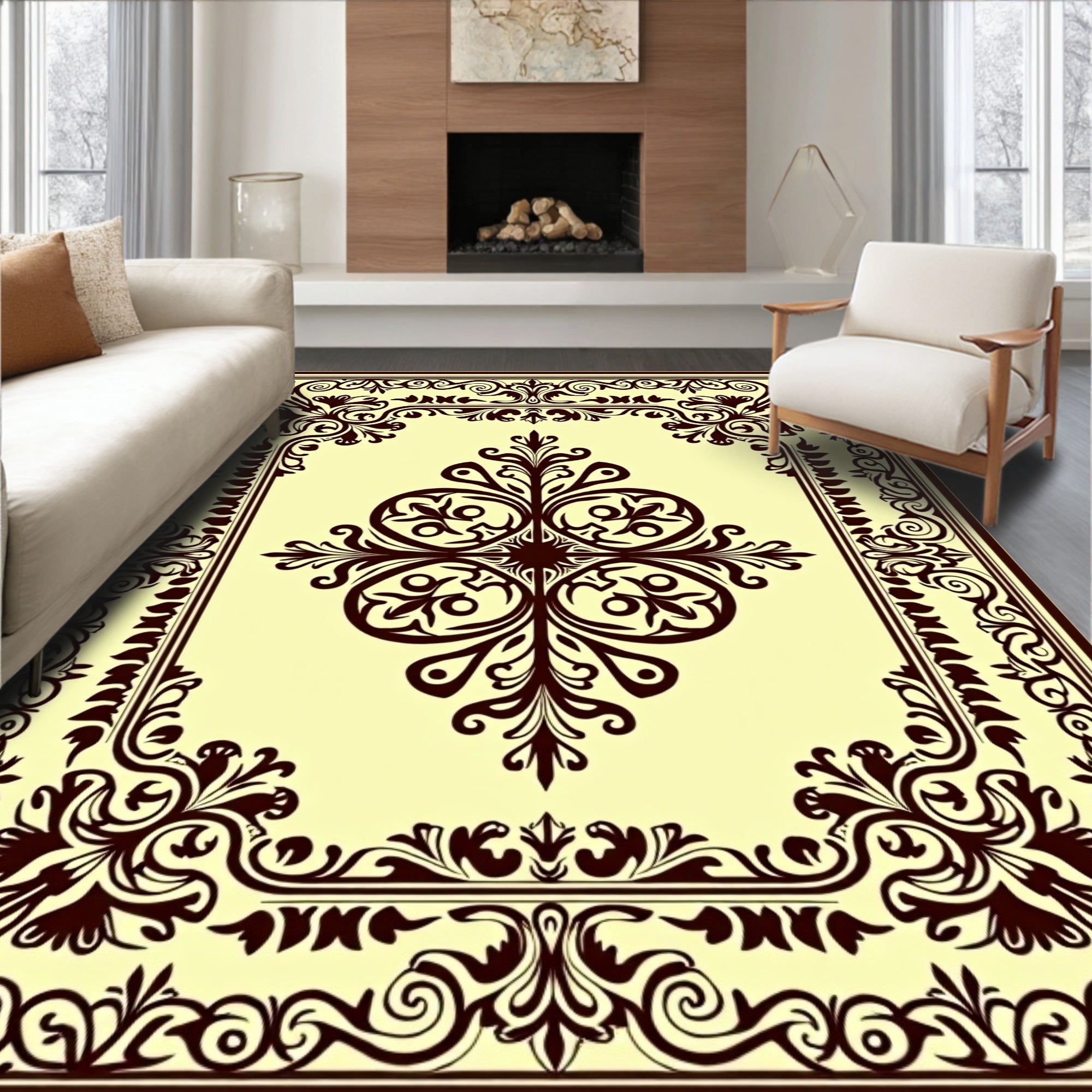 Ornate Dark Brown Scroll Medallion Rug