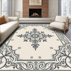 Elegant Cream Charcoal Floral Medallion Rug