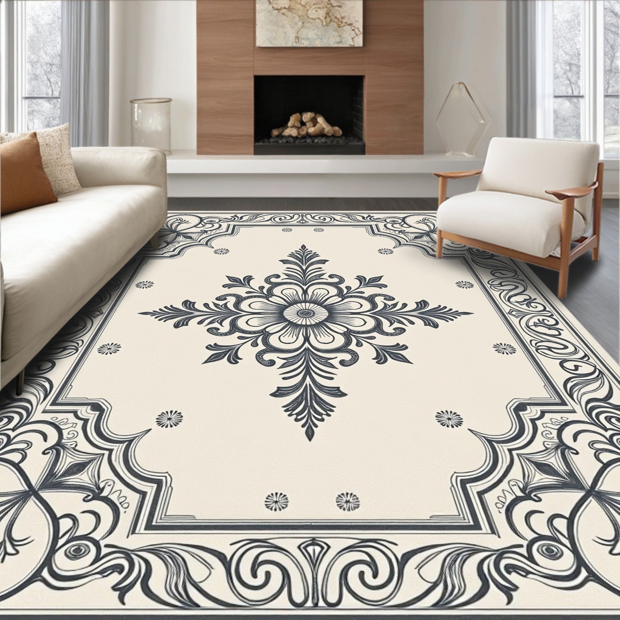 Elegant Cream Charcoal Floral Medallion Rug