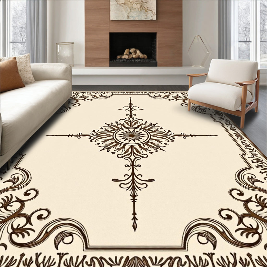 Brown Floral Emblem Cream Rug