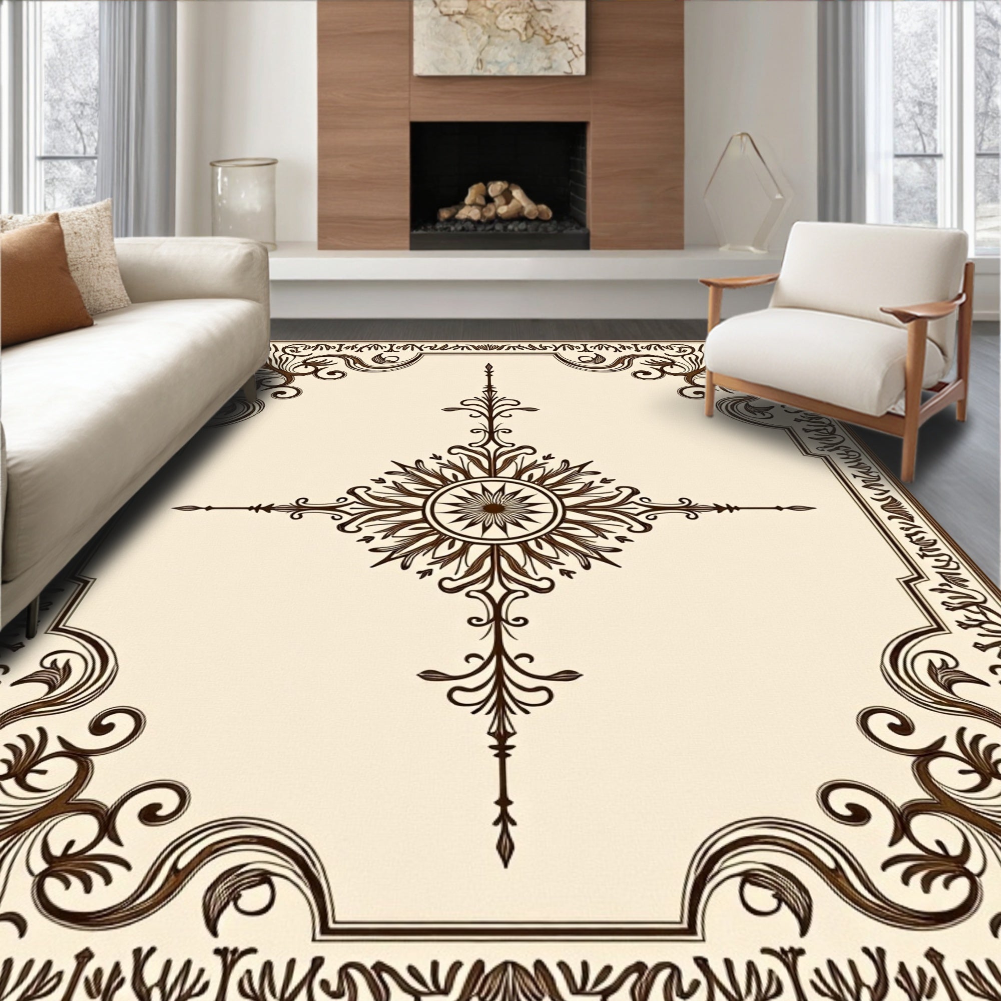 Brown Floral Emblem Cream Rug