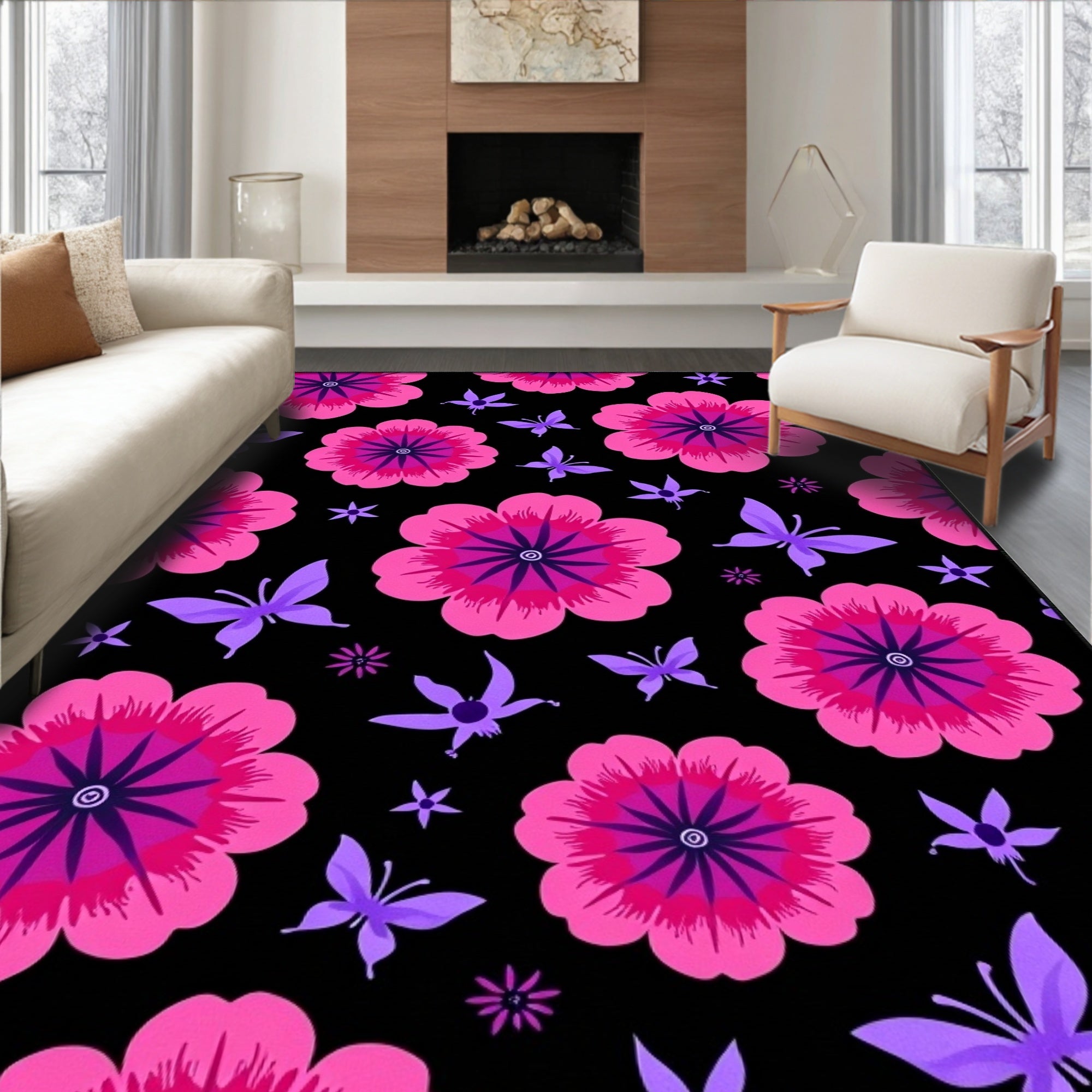Pink Purple Floral Butterfly Garden Rug