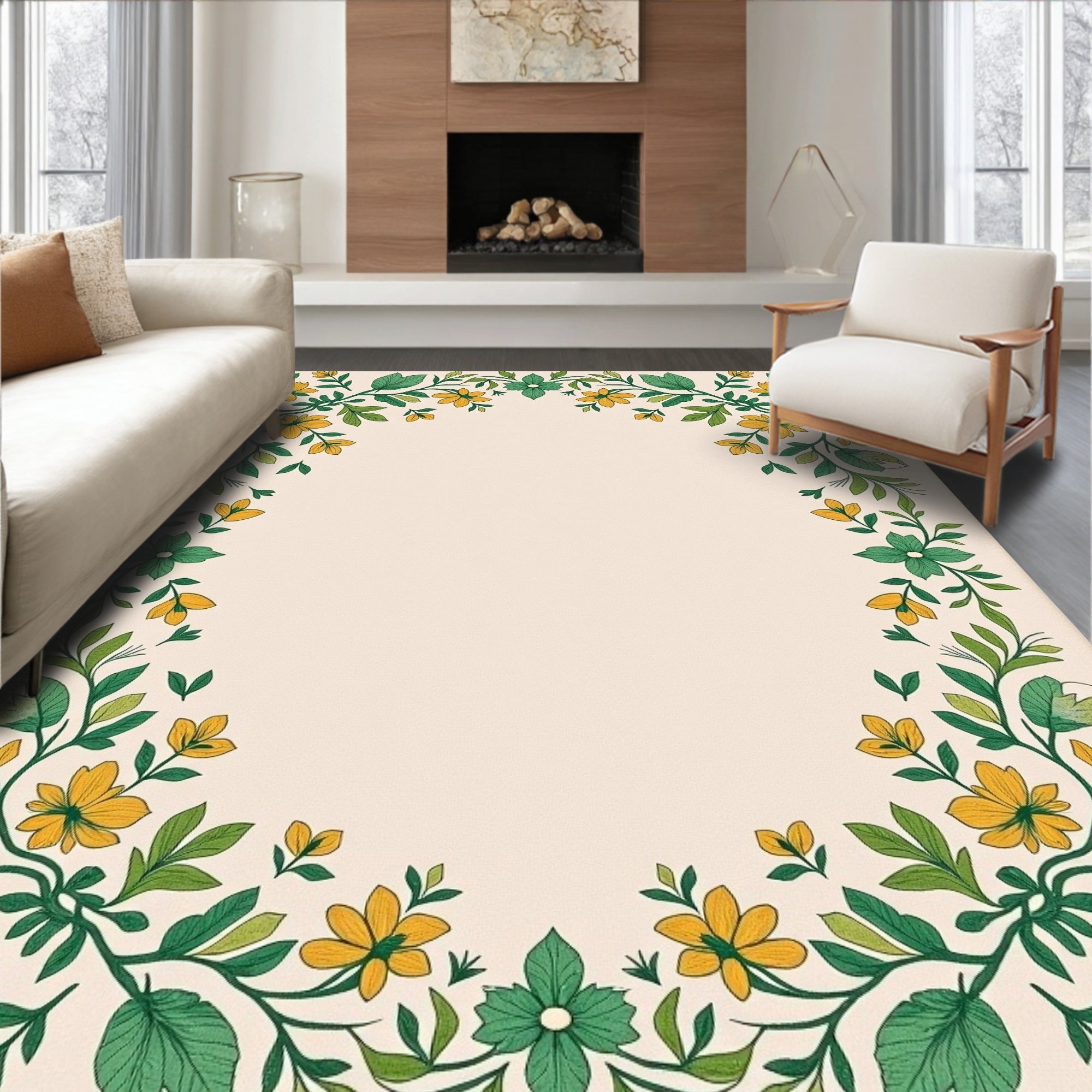 Yellow Floral Garden Vine Border Cream Rug
