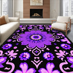 Vibrant Purple Floral Mandala Black Rug