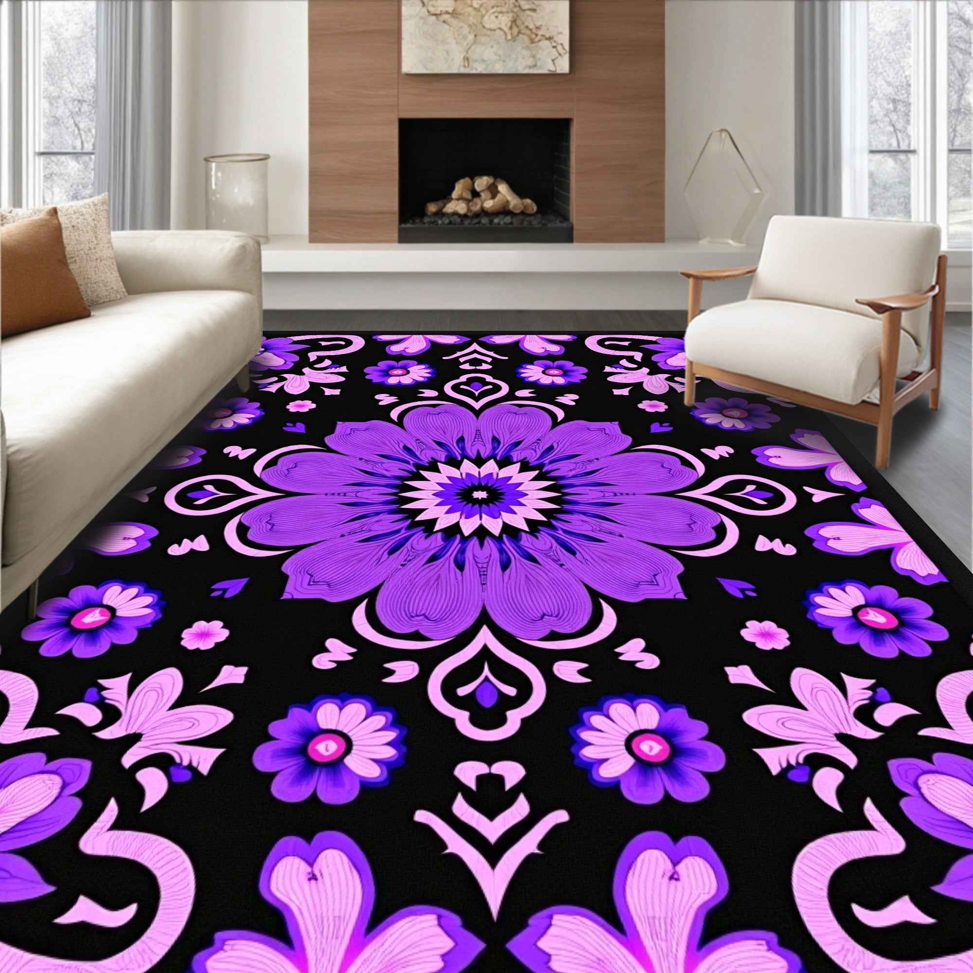 Vibrant Purple Floral Mandala Black Rug