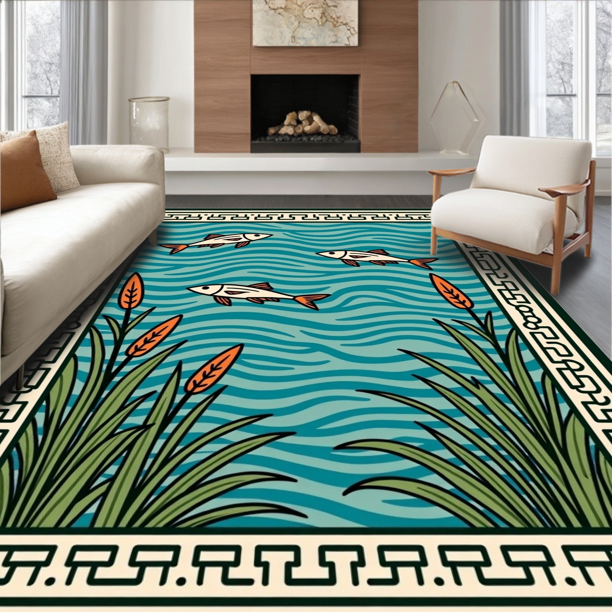 Oceanic Fish Reeds Border Artwork Rug