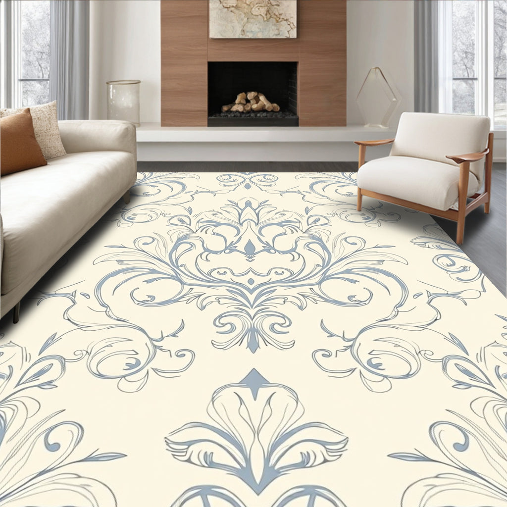 Cream Blue Classic Scroll Floral Rug
