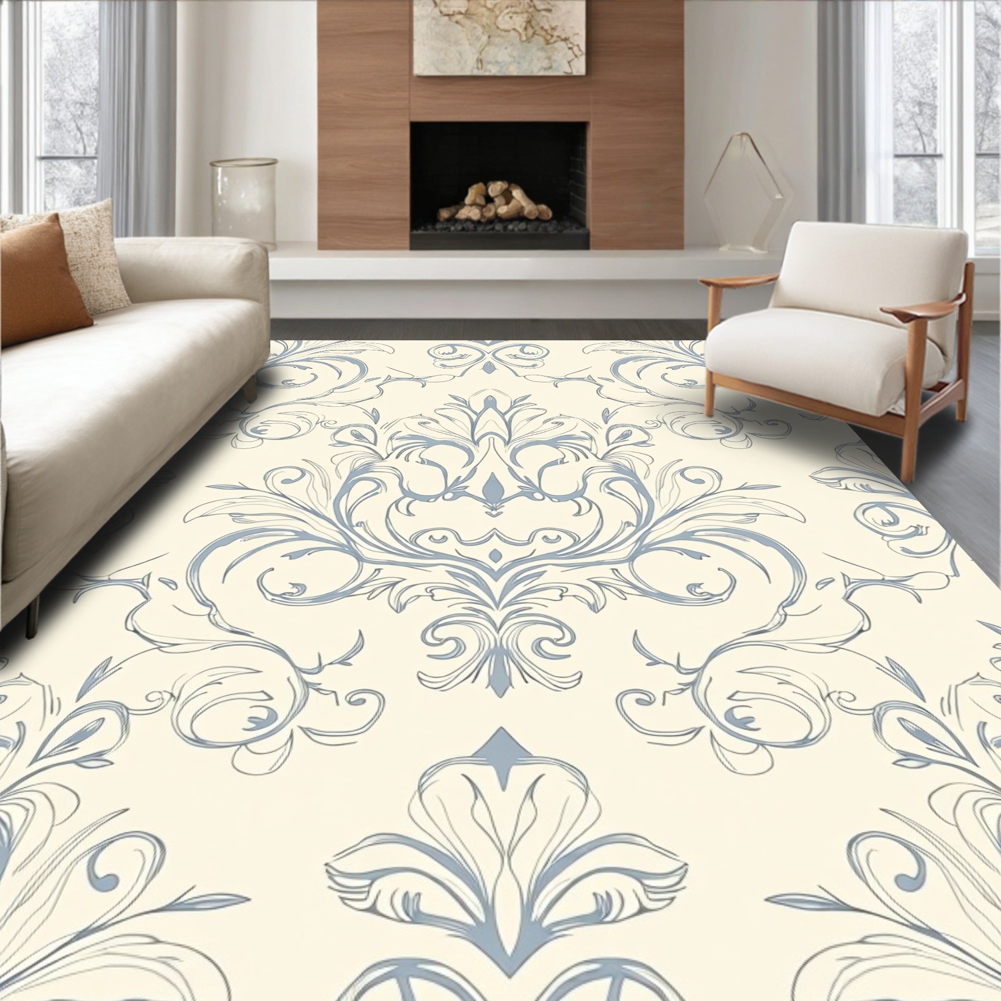 Cream Blue Classic Scroll Floral Rug