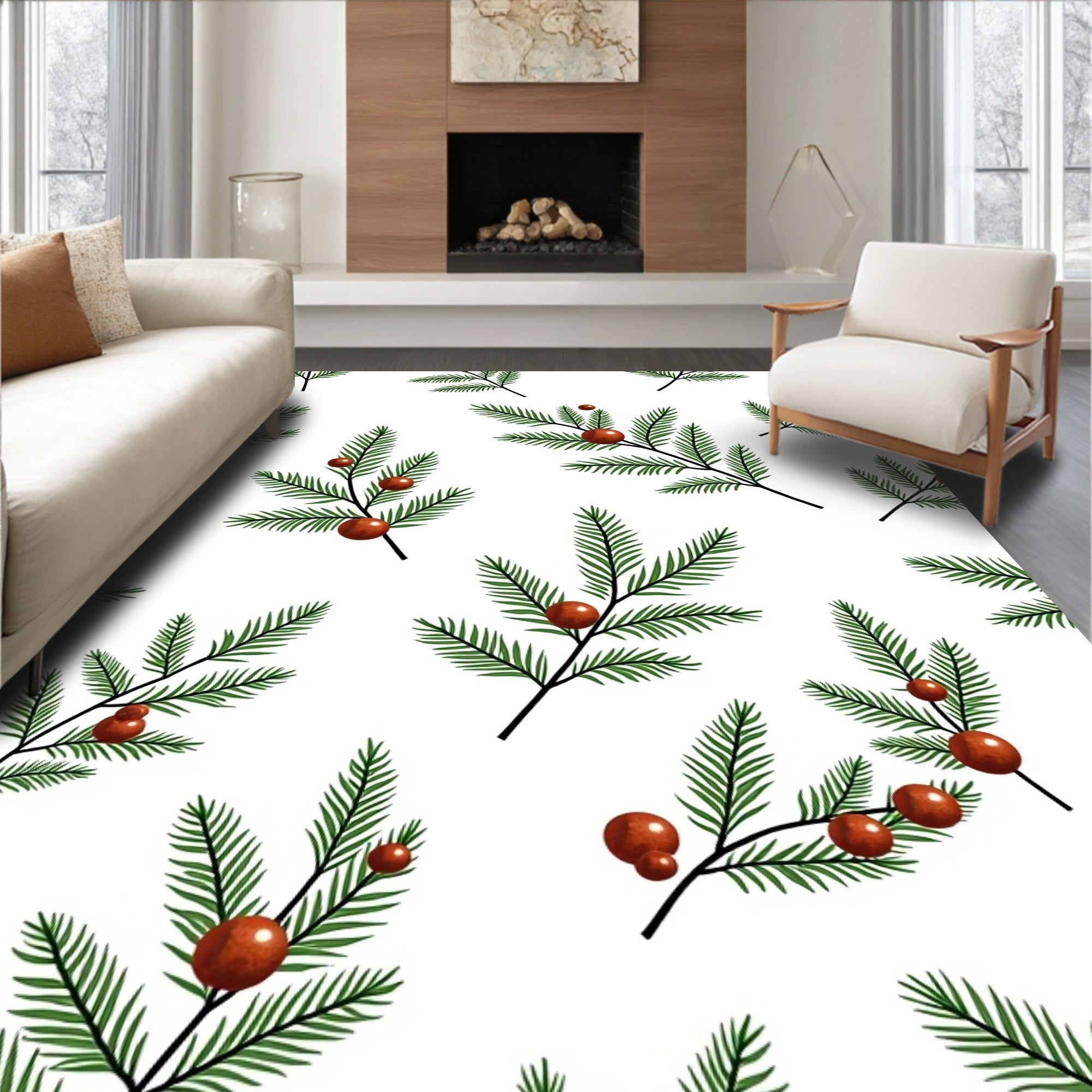 Festive Green Fir Sprigs Red Berries Rug