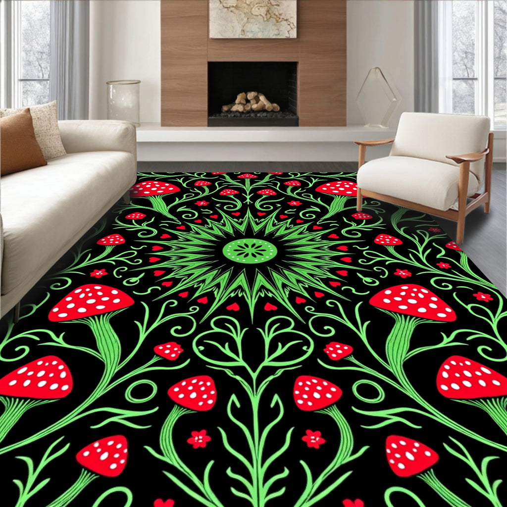 Red Mushroom Floral Vine Mandala Rug