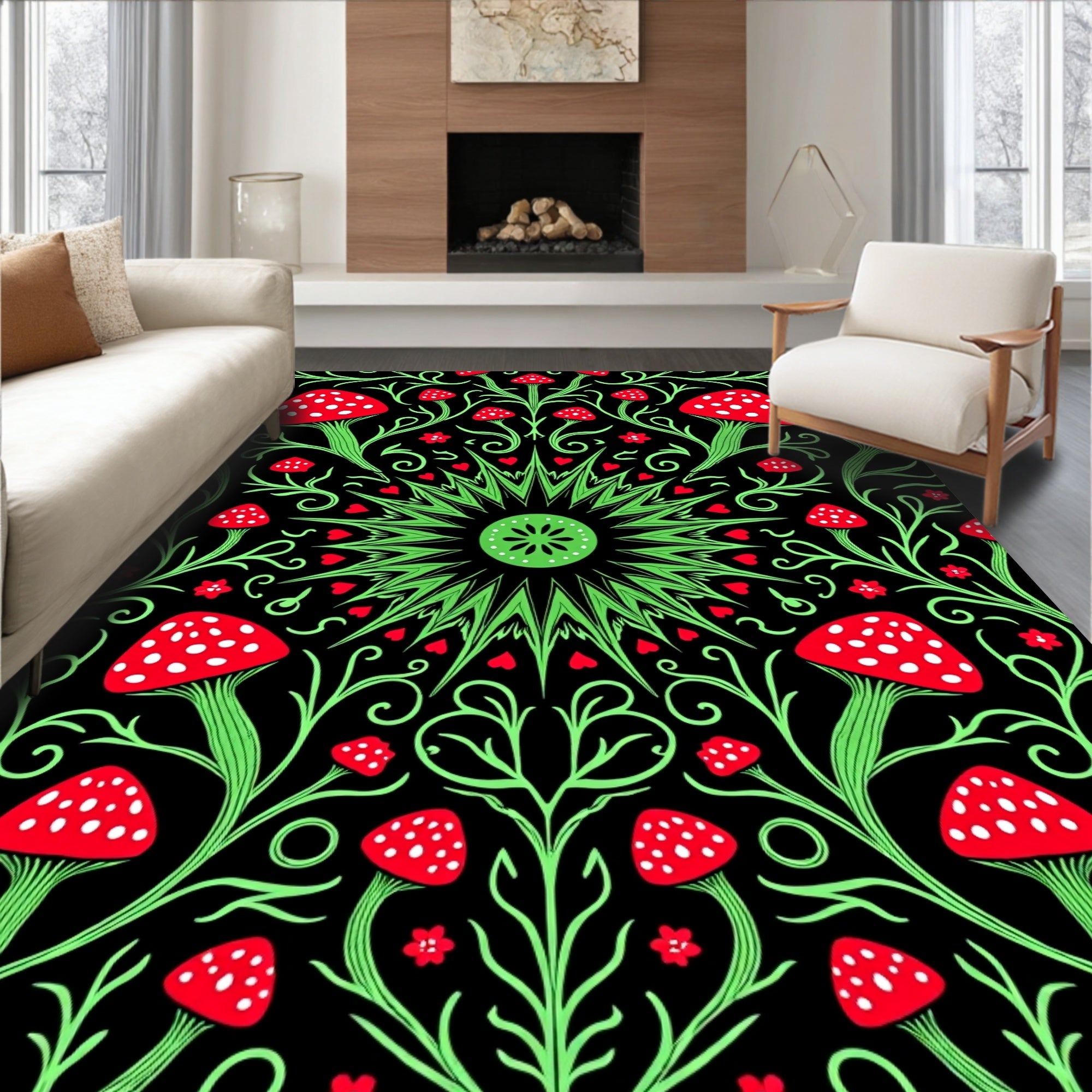 Red Mushroom Floral Vine Mandala Rug