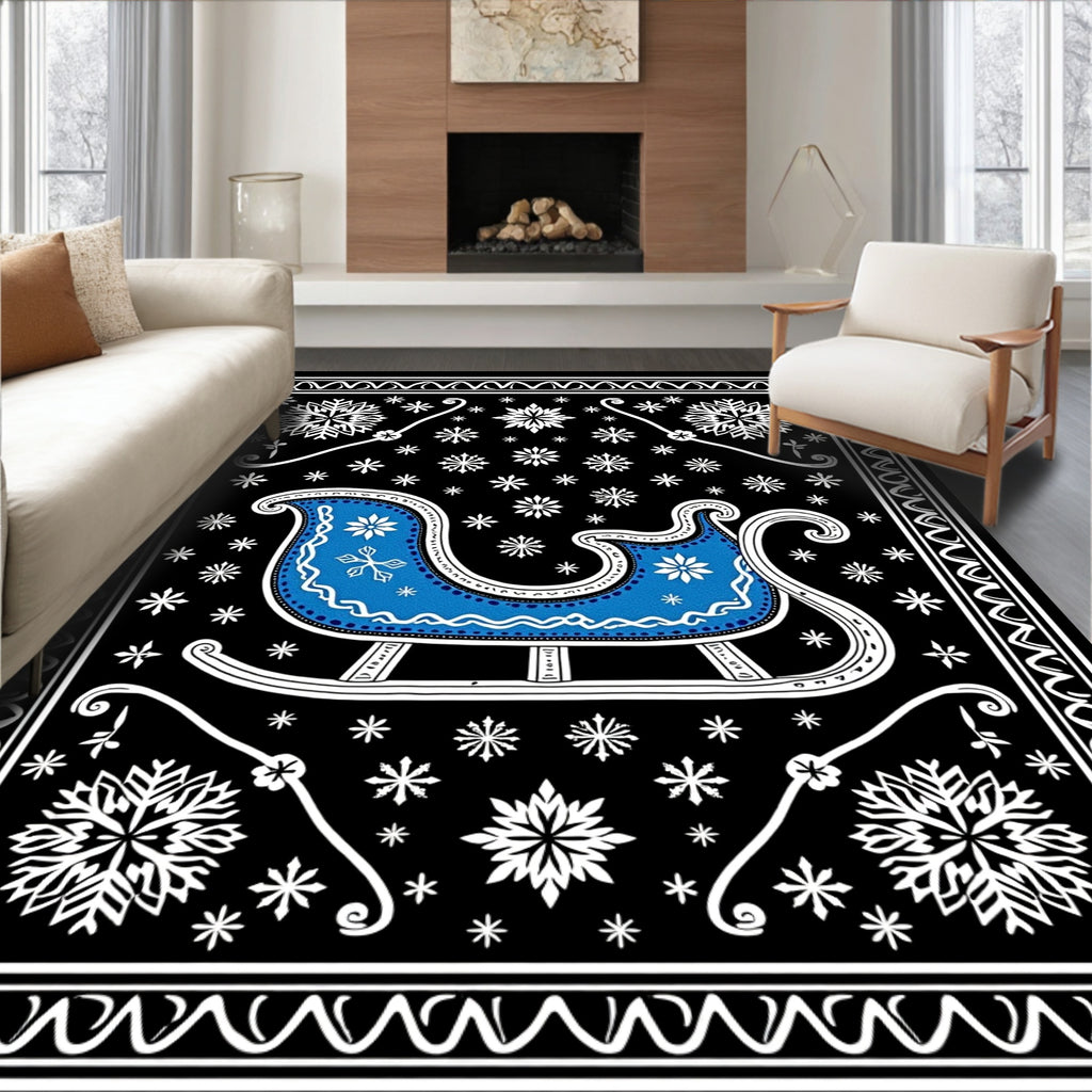 Winter Sleigh Snowflakes Black Rug