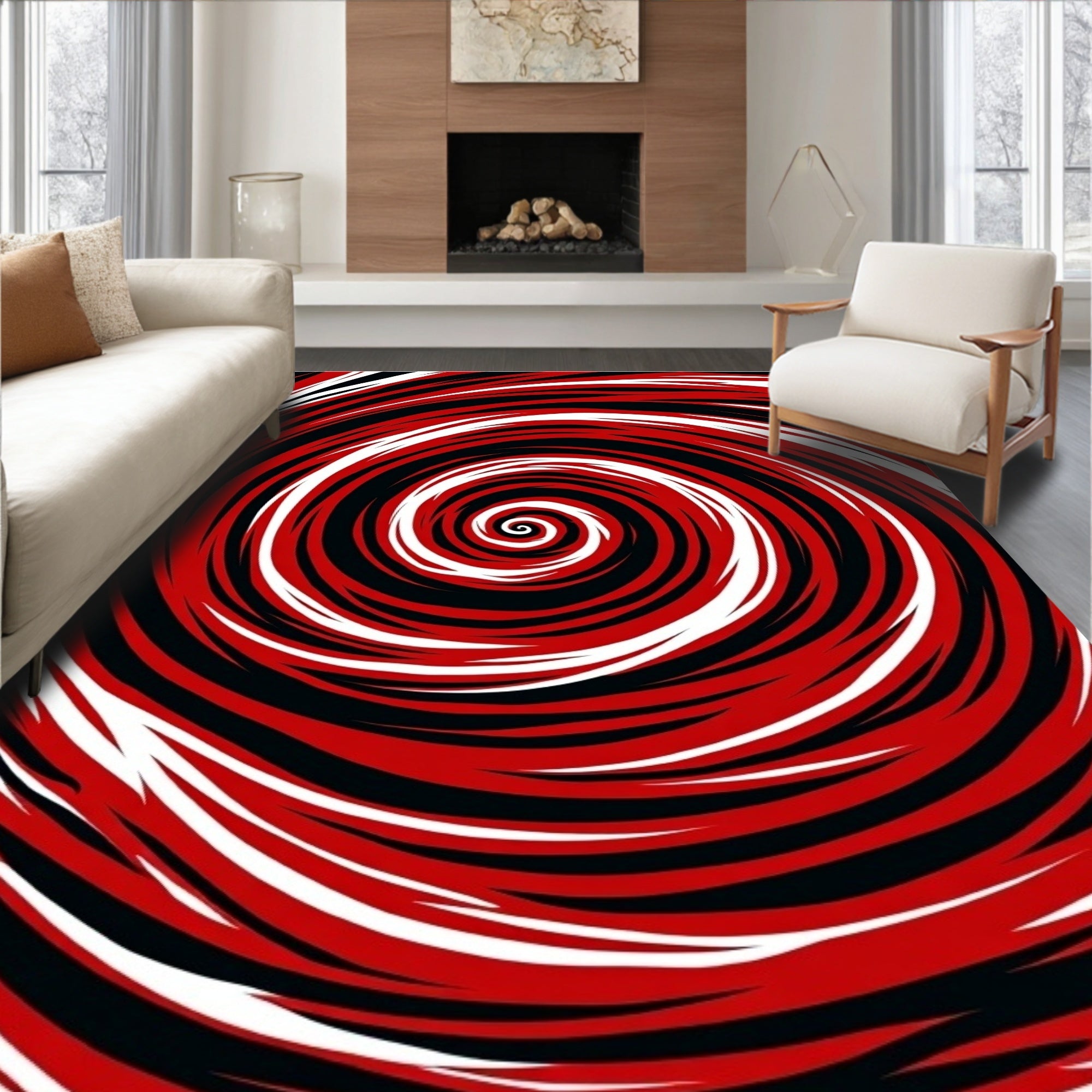 Bold Red White Swirl Concentric Rug