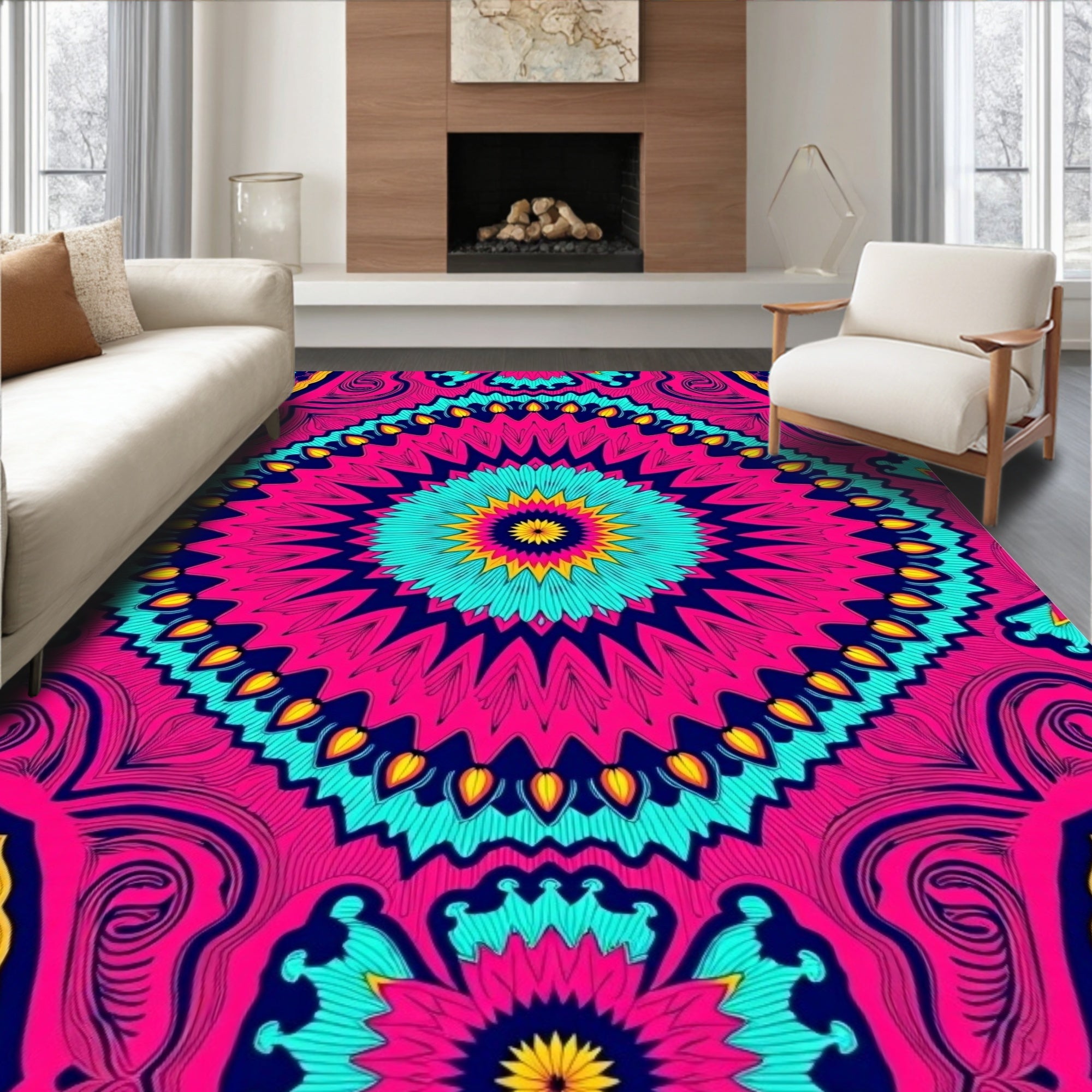 Radiant pink teal medallion mandala Rug
