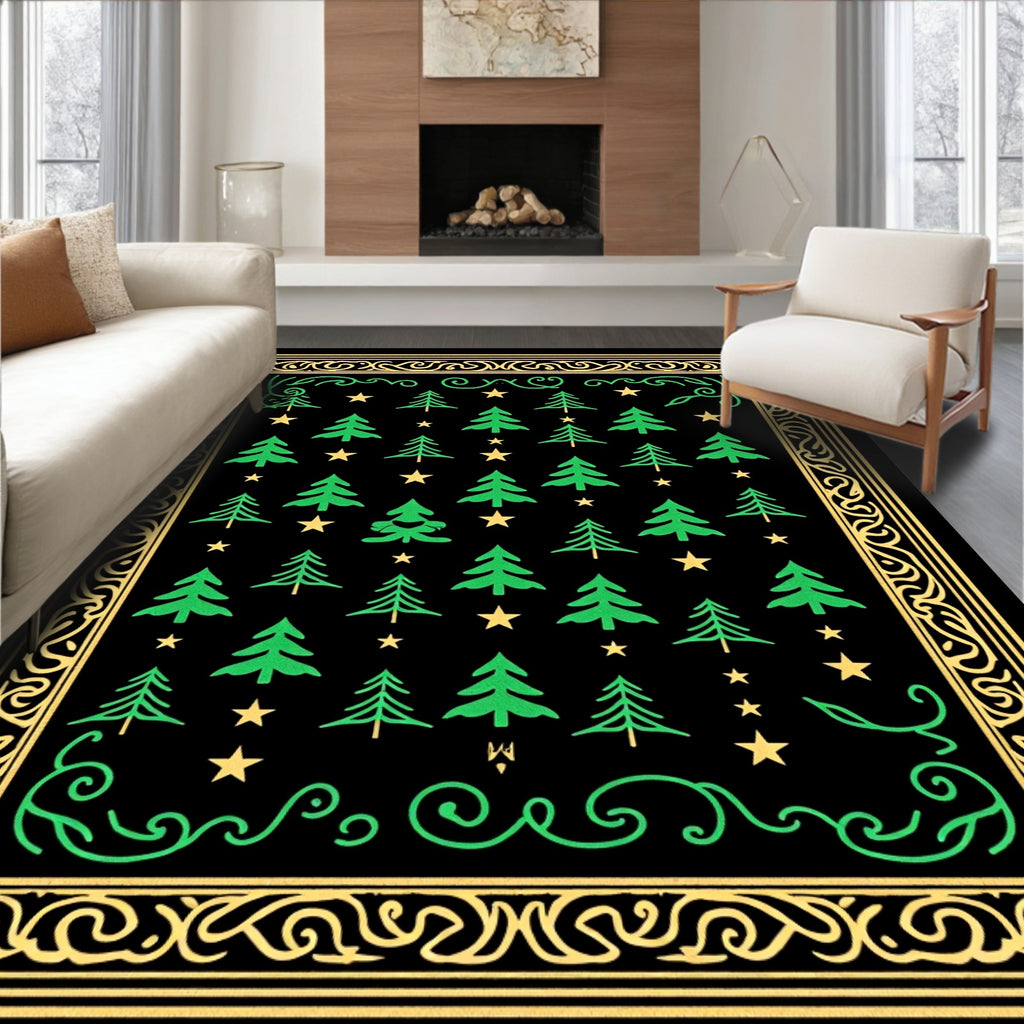 Green Pine Trees Yellow Stars Border Rug