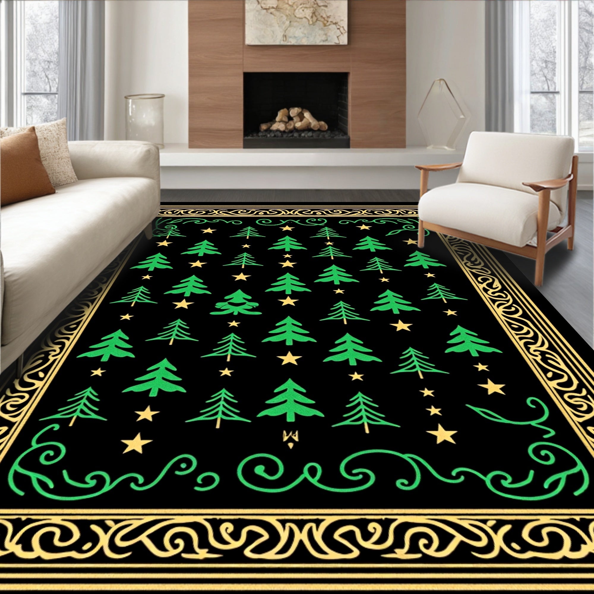 Green Pine Trees Yellow Stars Border Rug