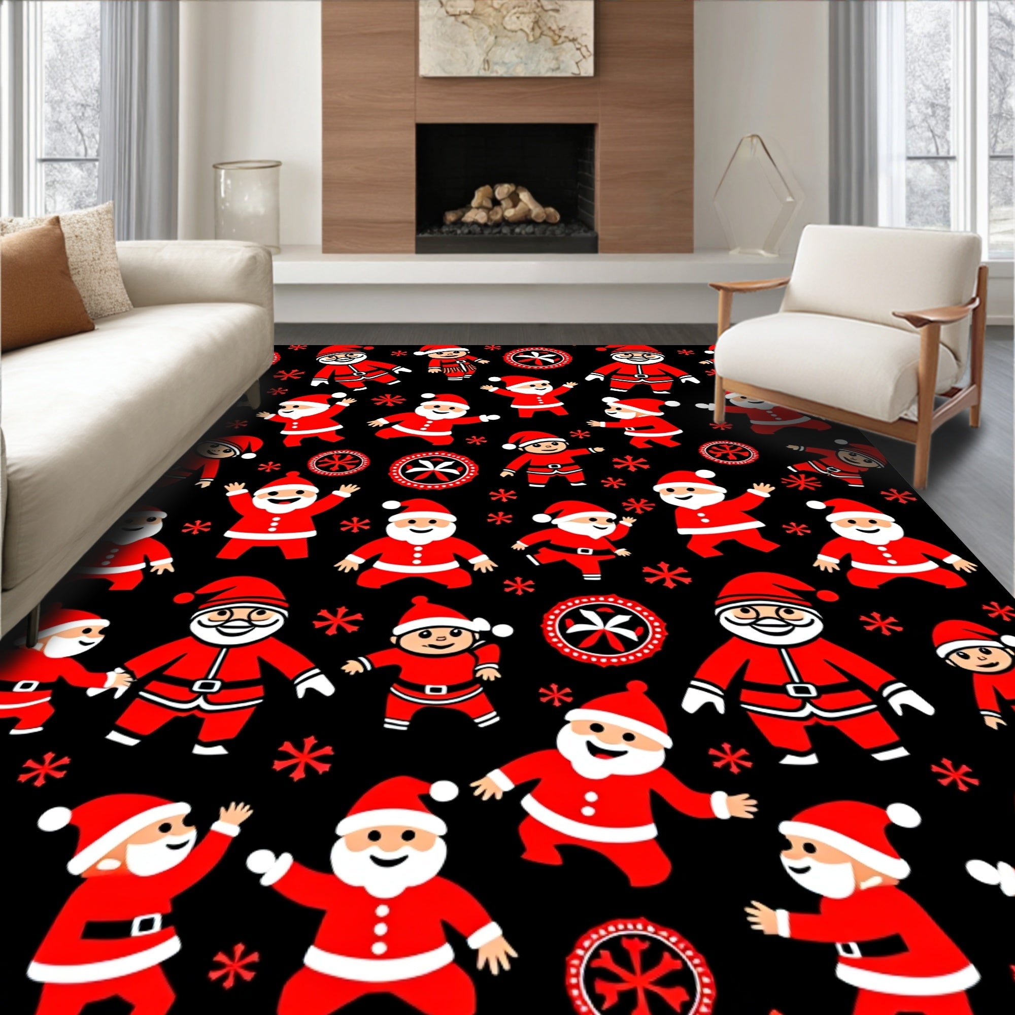Jolly Santas Black Red Whimsical Holiday Rug