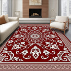 Deep Red Ornate Bloom Border Rug
