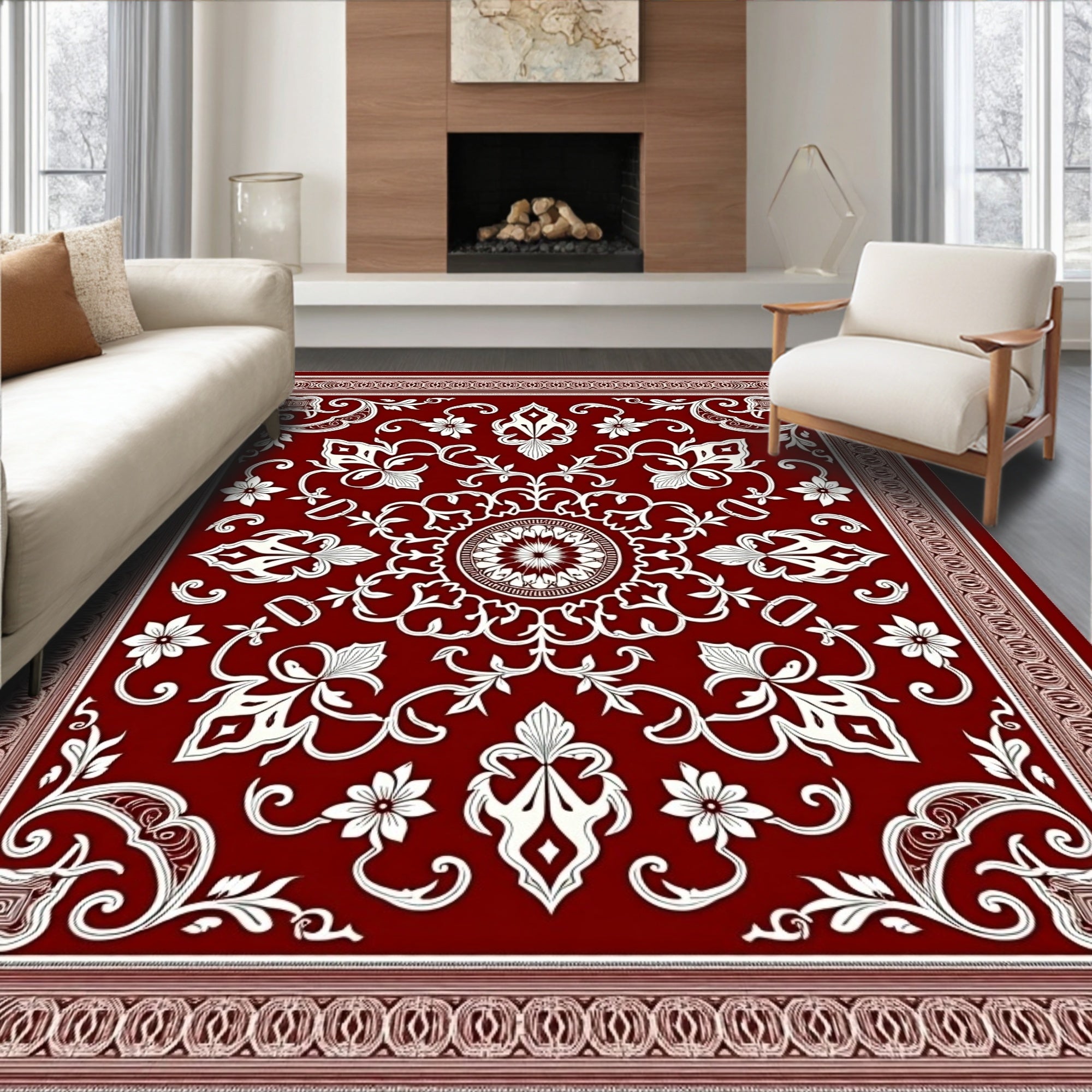 Deep Red Ornate Bloom Border Rug