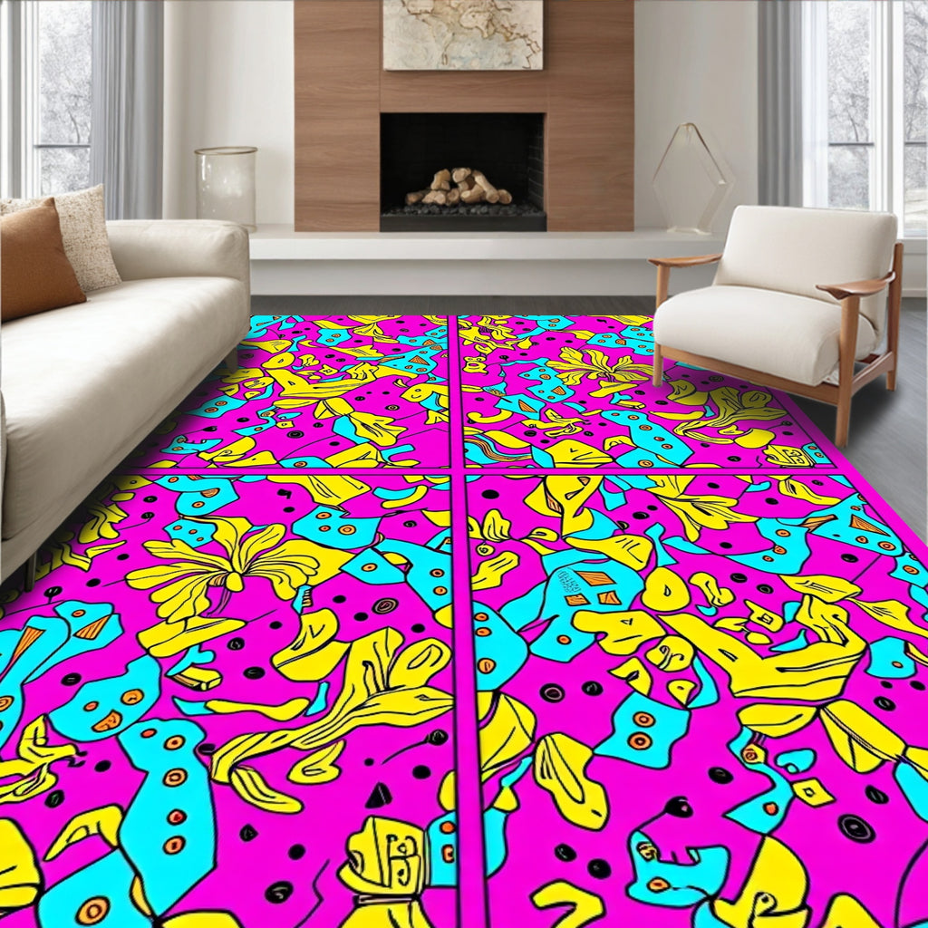 Vibrant Pink Yellow Teal Abstract Collage Rug