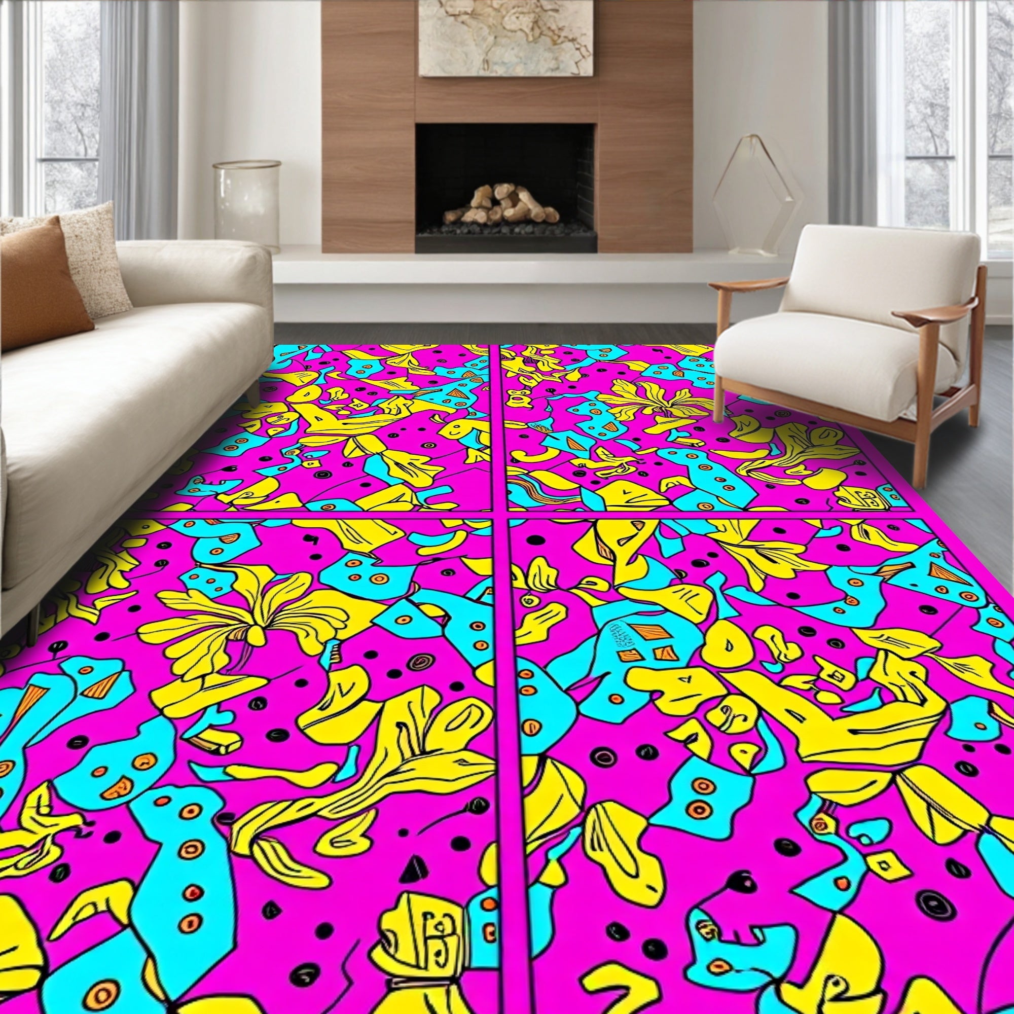 Vibrant Pink Yellow Teal Abstract Collage Rug