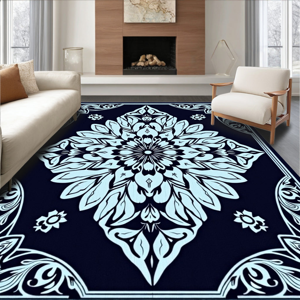 Sky Blue Floral Mandala on Navy Rug
