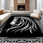 Black White Horse Head Adorned Border Rug