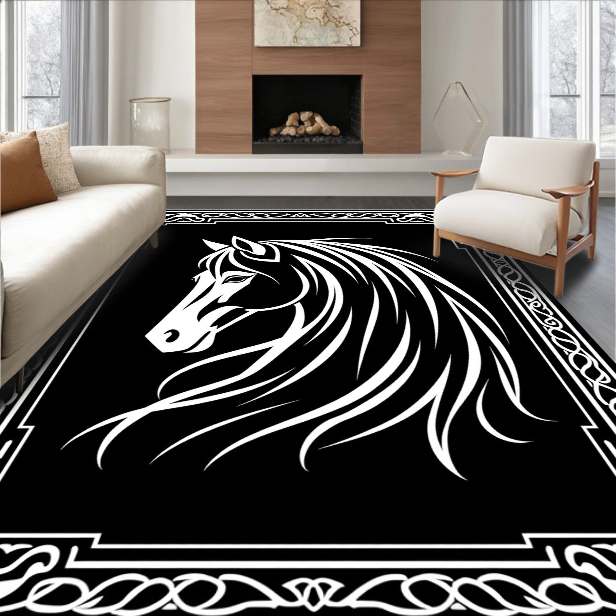 Black White Horse Head Adorned Border Rug
