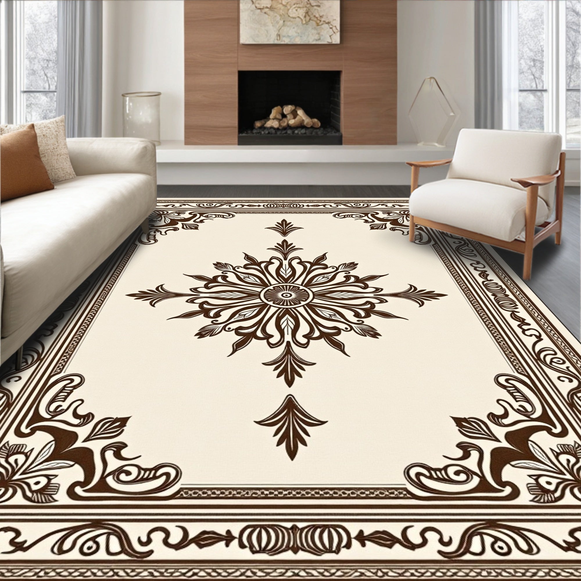 Elegant Cream Dark Brown Floral Medallion Rug
