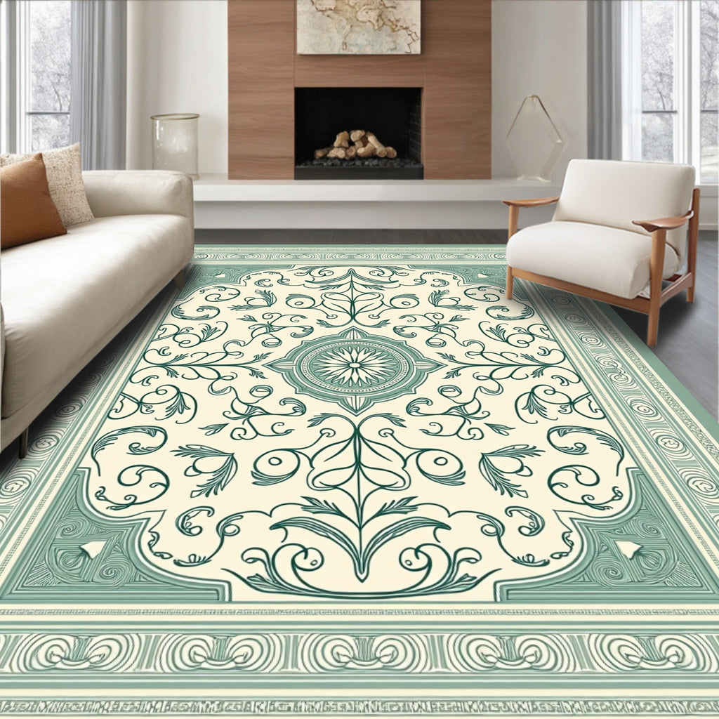 Green Botanical Scroll Border Rug