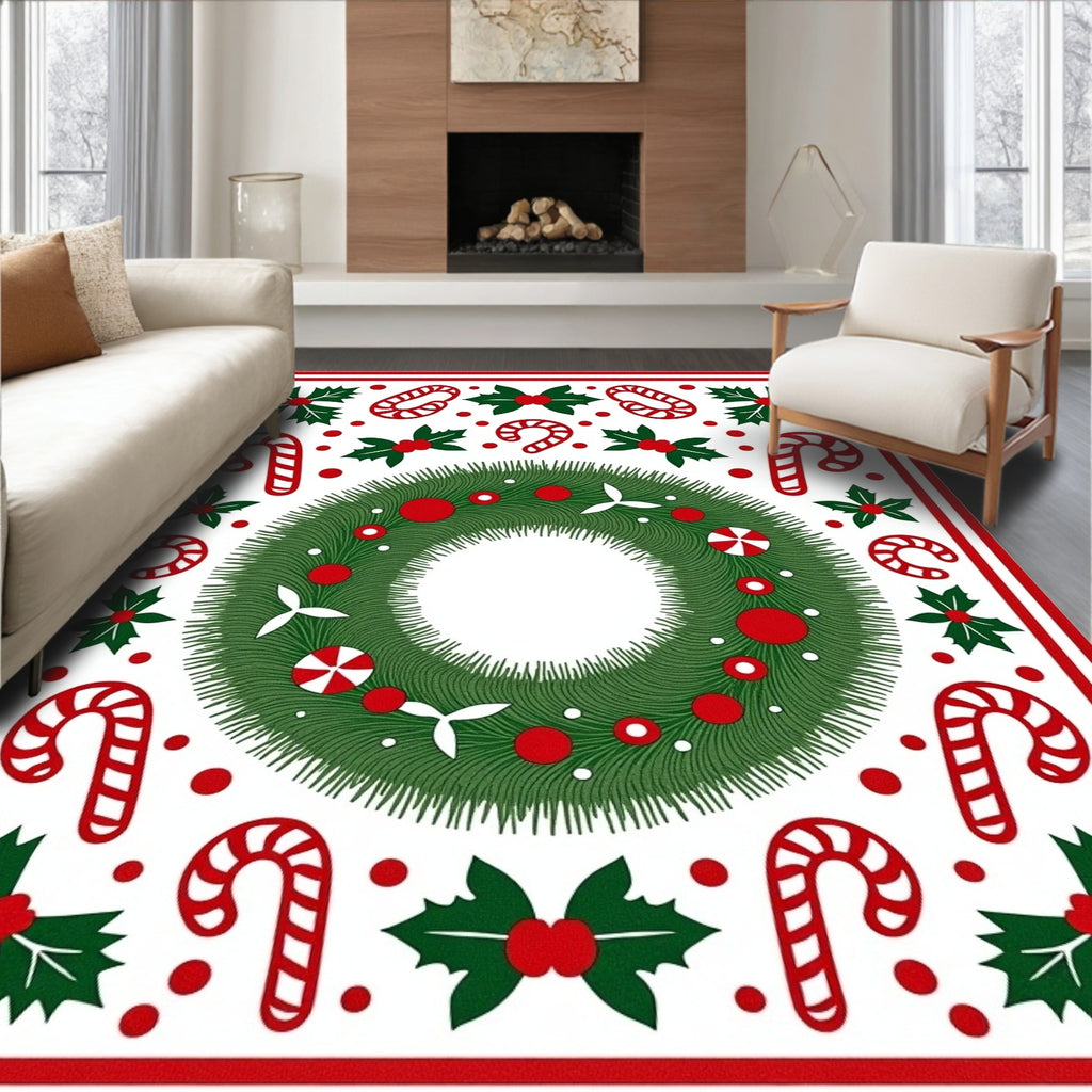 Festive Green Wreath Candy Cane Holly Rug