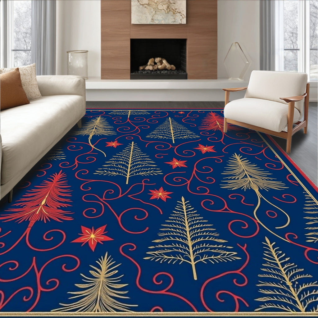 Festive Navy Blue Trees Swirl Accents Rug