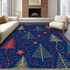 Festive Navy Blue Trees Swirl Accents Rug