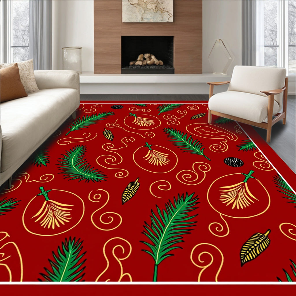 Crimson Emerald Leaf Swirl Accents Rug