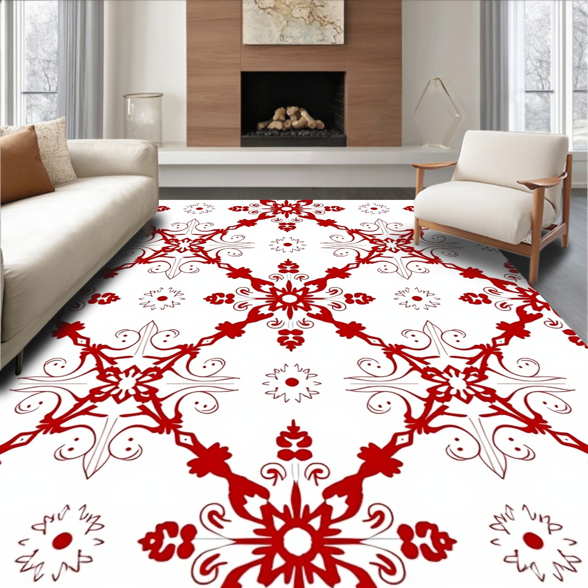 Red Ornamental Diamond Tile Rug