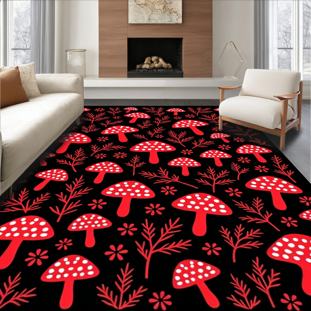 Red Mushroom Forest Foliage Rug