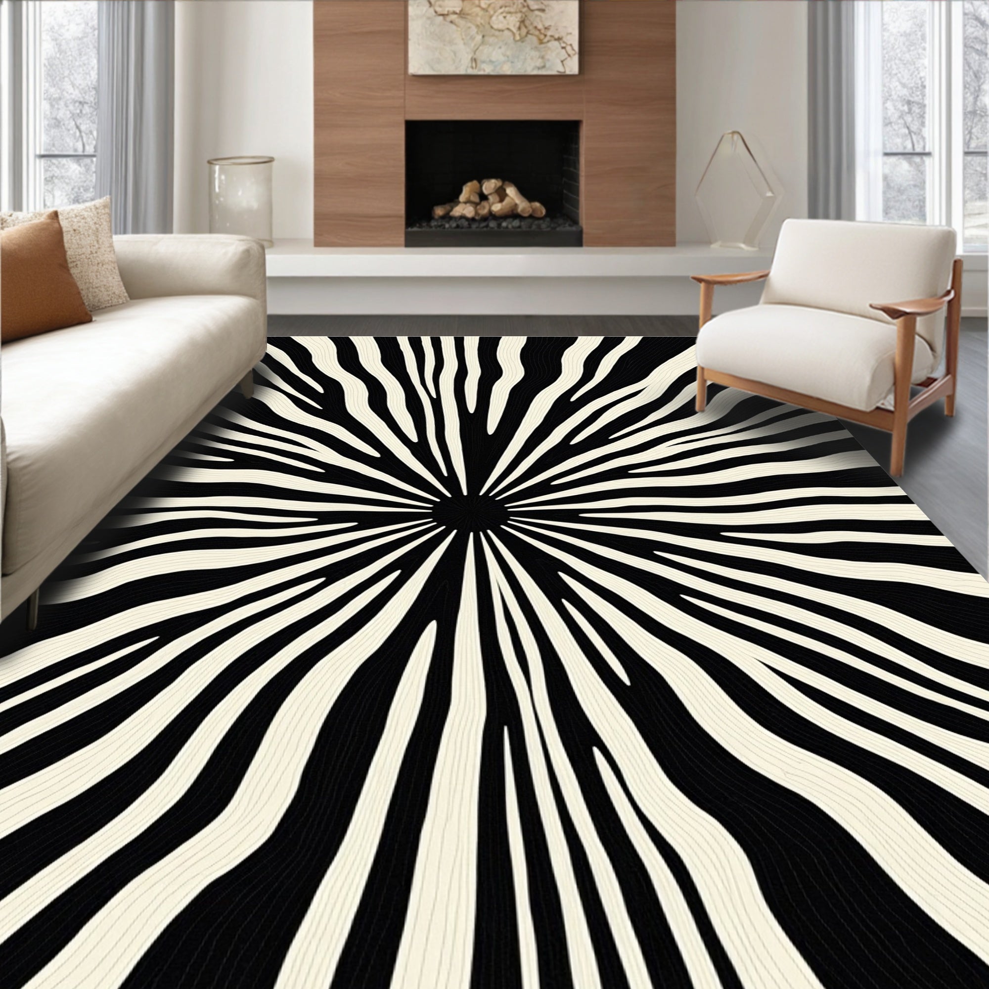 Radiating Black Cream Stripe Sunburst Rug