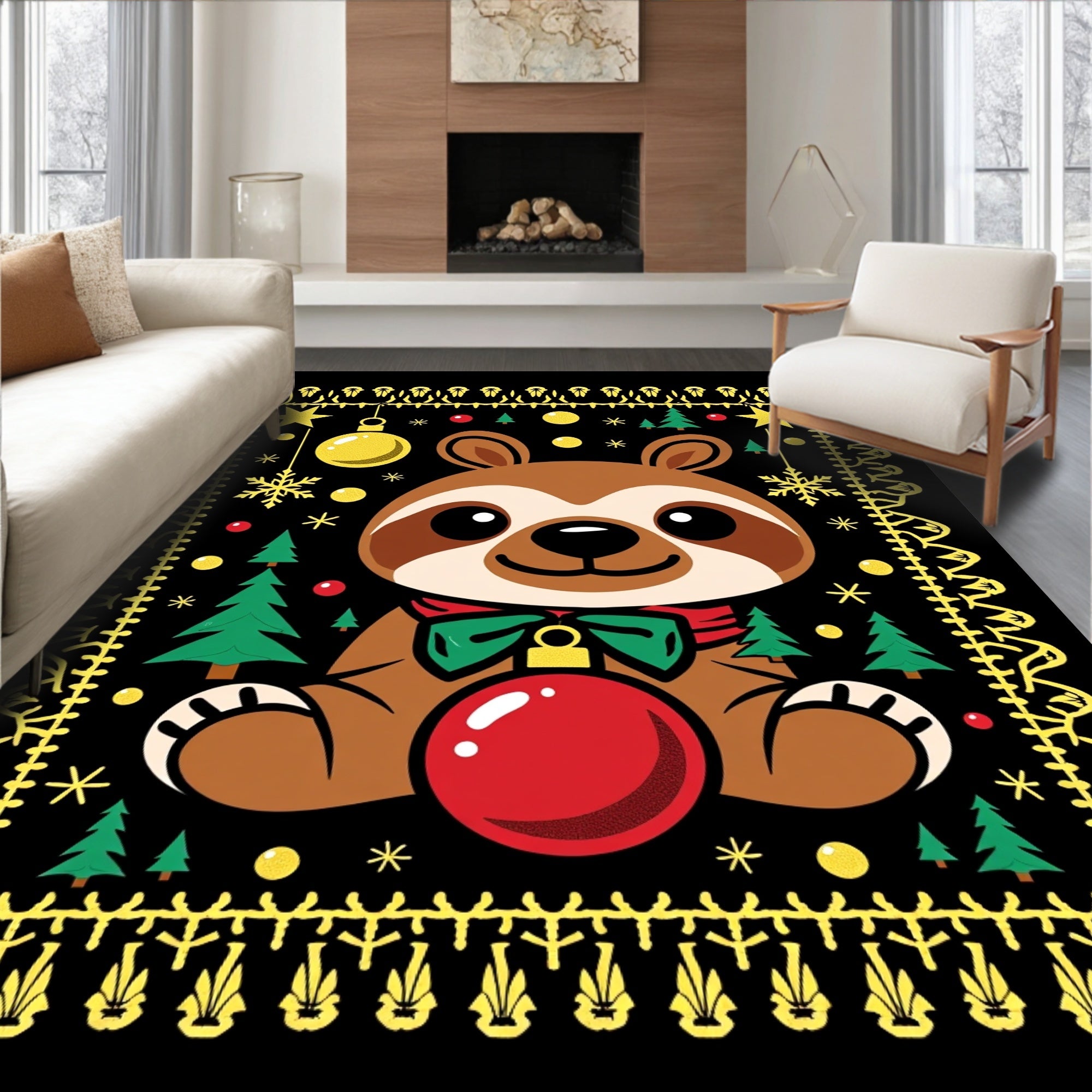 Cute Sloth Christmas Ornament Scene Rug
