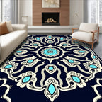 Deep Navy Blue Teal Floral Medallion Rug
