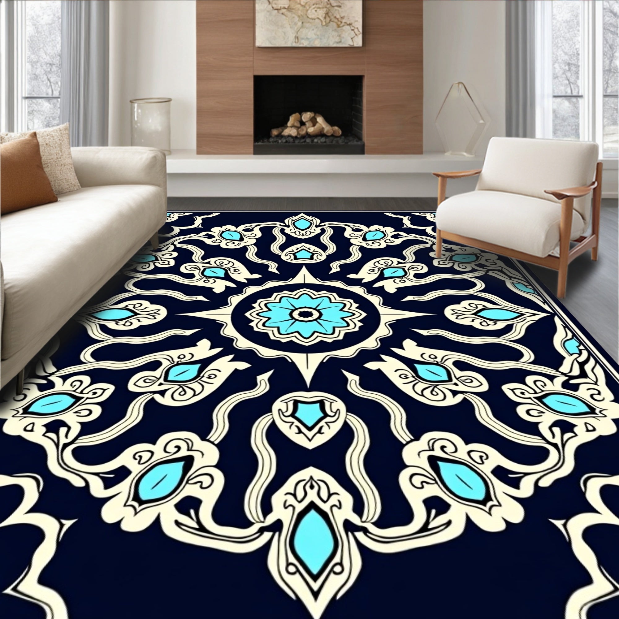 Deep Navy Blue Teal Floral Medallion Rug