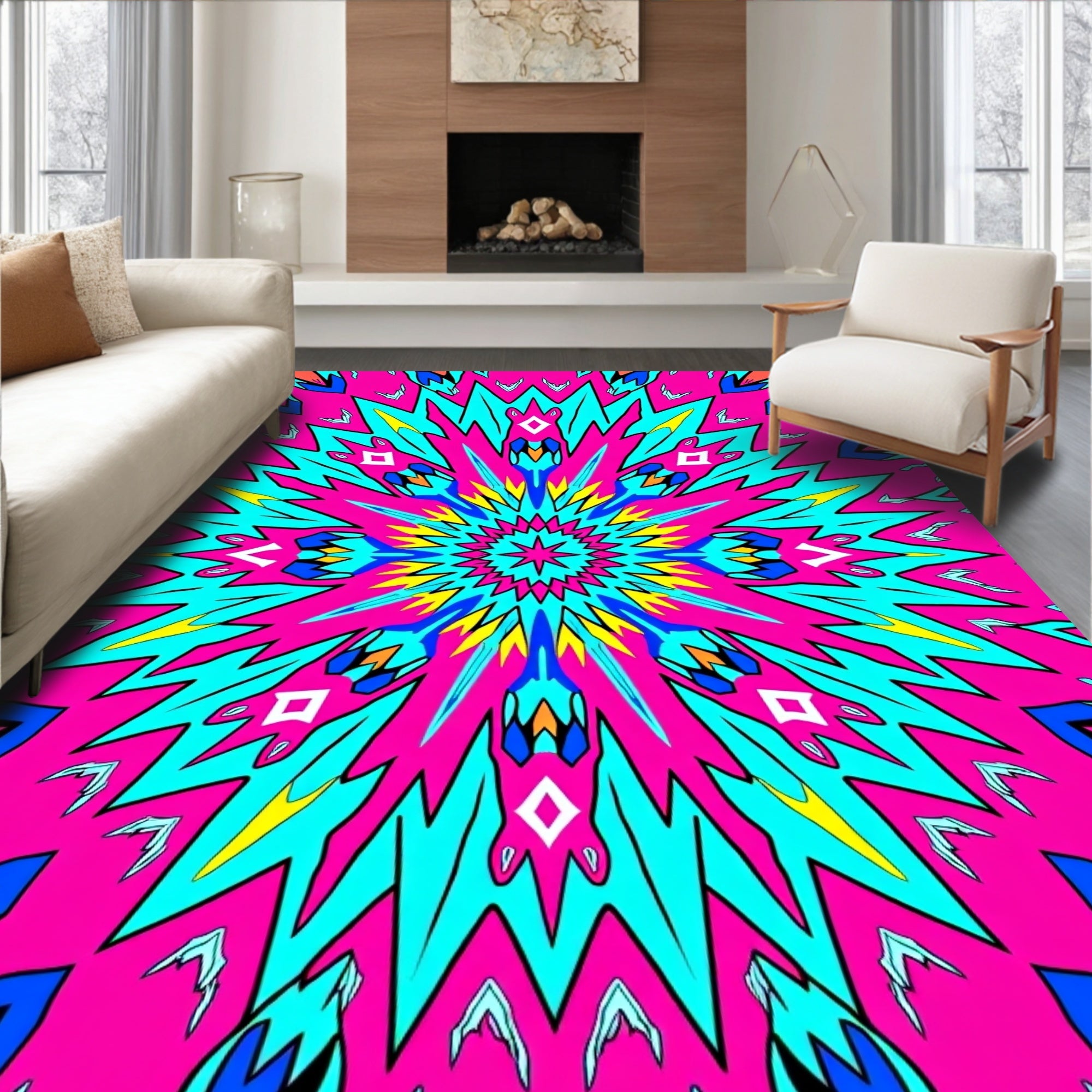 Vibrant Pink Geometric Sunburst Rug