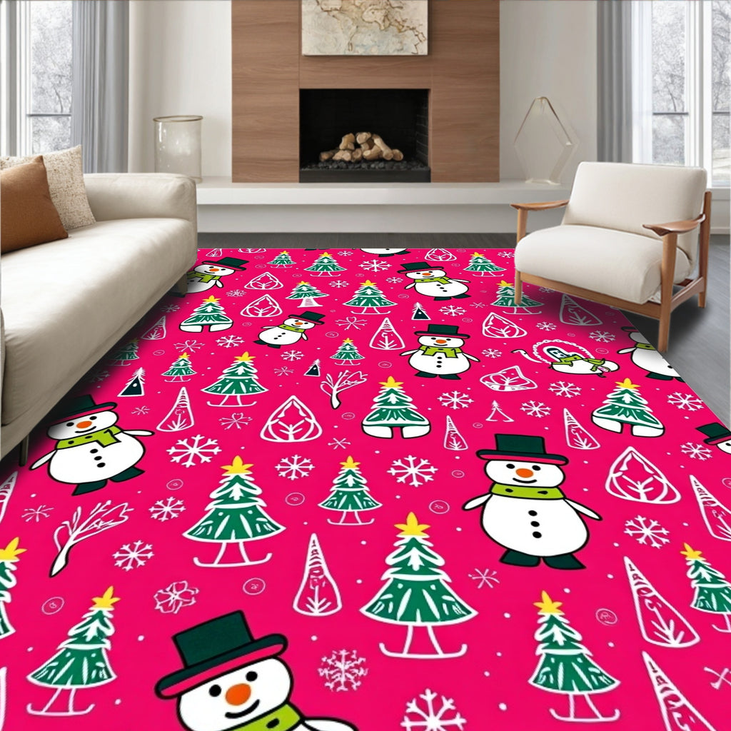 Whimsical Snowman Trees Hot Pink Rug