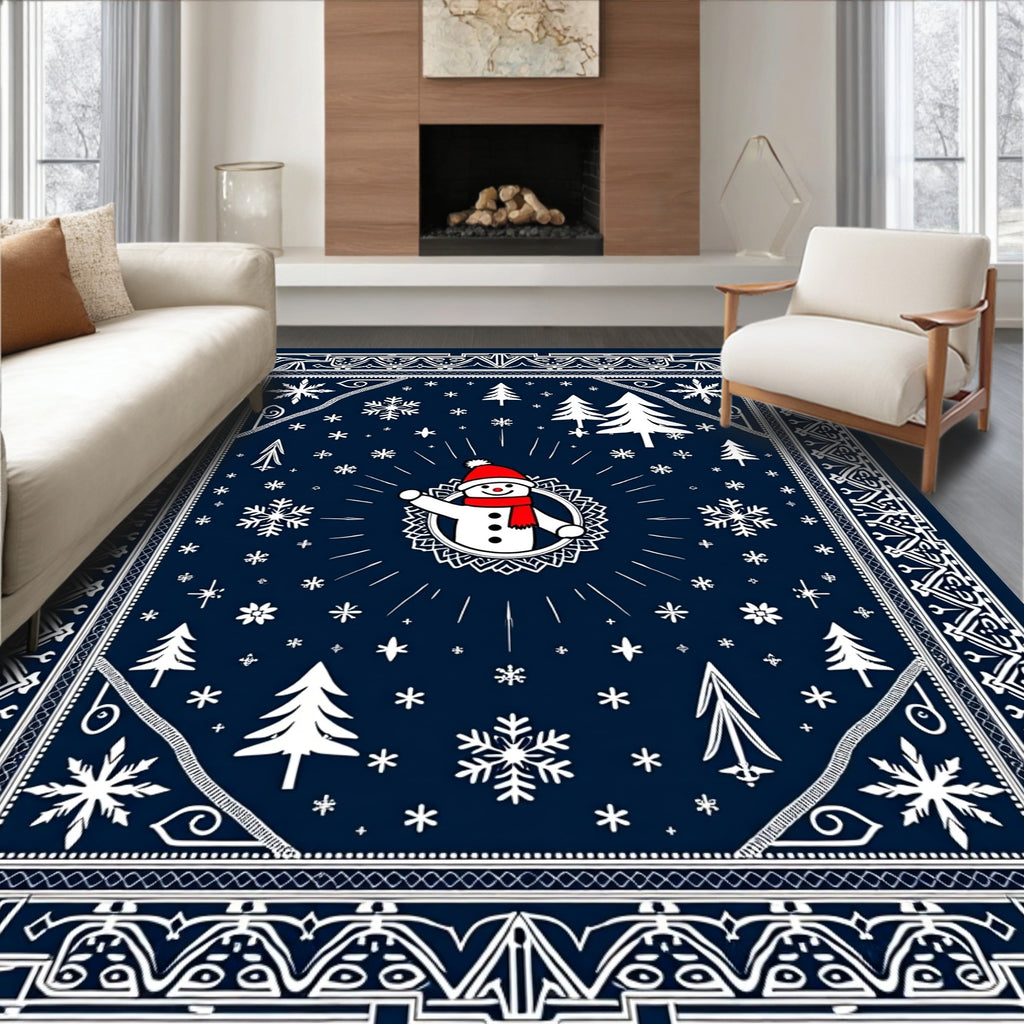 Festive Blue Snowman Winter Forest Rug