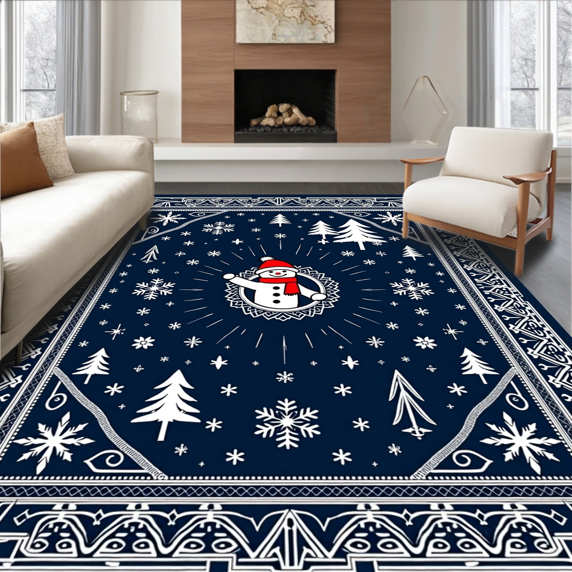 Festive Blue Snowman Winter Forest Rug